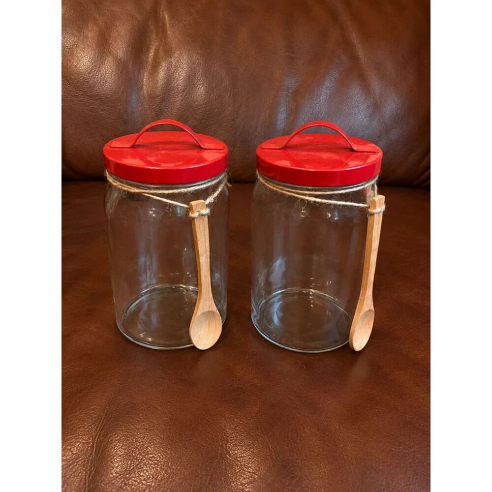 Set of 2 Glass Canisters With Red Lids and Spoons